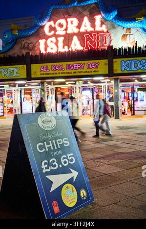 Cheap as chips, Sign at the entrance to Coral Island entertainment centre,Blackpool,UK Stock Photo