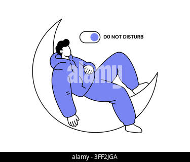 Do not disturb mode vector illustration of a relaxed person resting on a crescent moon for web app interface Stock Vector