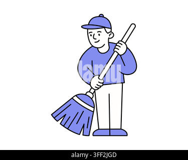 Male janitor vector illustration holding a broom for professional cleaning service branding and web design use Stock Vector