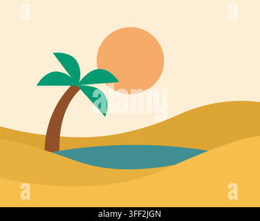 Minimalist palm tree oasis illustration featuring a serene sunset landscape for modern graphic design and travel Stock Vector