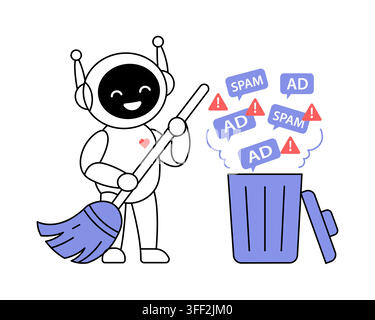 Spam cleaner bot vector illustration sweeping unwanted advertisements and junk mail into a trash bin for Stock Vector