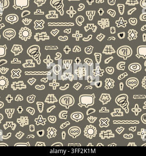 Seamless Pattern With Scrapbook UI Symbols Cutouts Collage Element Sticker. Hand Drawn Paper Cut with Interface Icons, Arrow and Signs on Dark Backgro Stock Vector