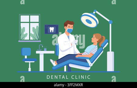 Flat Vector Illustration of a Dentist Examining a Female Patient in a Modern Dental Clinic Interior Stock Vector