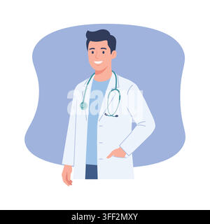 Friendly Male Doctor Character Standing in Lab Coat with Stethoscope Flat Vector Illustration for Healthcare and Medical Concepts Stock Vector