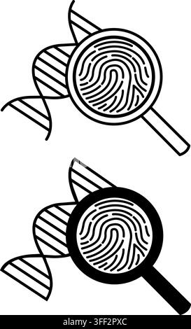 DNA Helix Analysis Icons. Line and Glyph Vector Illustrations. Comparison of Unique Genetic Code from Human Traces with Suspect Samples. Magnifying Gl Stock Vector