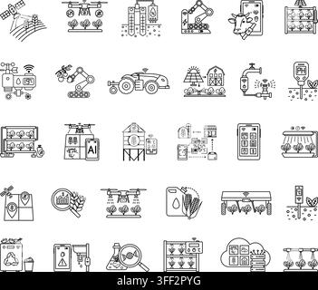 Line AgriTech and Smart Farming Icon Set. Vector Illustrations: Unmanned Tractor, GPS Tracker for Livestock, Satellite Monitoring of Fields Stock Vector