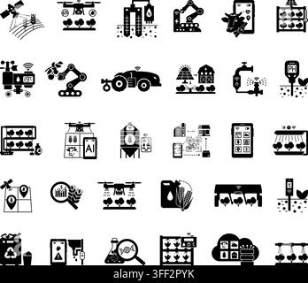 Glyph AgriTech and Smart Farming Icon Set. Vector Illustrations: Unmanned Tractor, GPS Tracker for Livestock, Satellite Field Monitoring, Drone for Cr Stock Vector