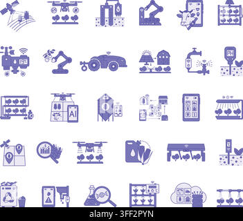 Purple AgriTech and Smart Farming Icon Set. Vector Illustrations: Unmanned Tractor, GPS Tracker for Livestock, Satellite Monitoring of Fields Stock Vector