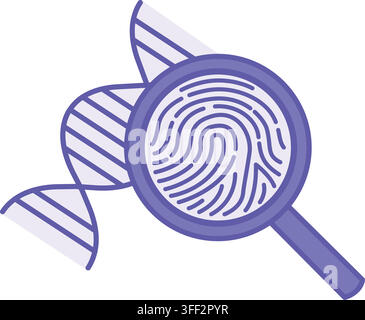 Purple DNA Helix Analysis Icon. Vector Illustration. Comparison of Unique Genetic Code from Human Traces with Suspect Samples. Magnifying Glass with F Stock Vector