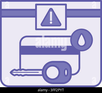 Purple Evidence Bag Icon. Vector Illustration. Blood Drop on Credit Card, Key, and Warning Sign. Security Packaging for Evidence Collection and Storag Stock Vector