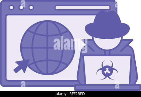 Purple Global Cyber Hacker Icon. Vector Illustration. Suspicious Man in a Hat, Laptop with a Danger Sign, and Globe. Digital Forensics and Cyber ​​Det Stock Vector