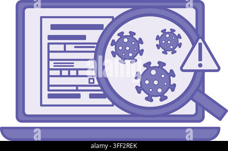 Purple Malware Detection Icon. Vector Illustration. Laptop with a Document, Magnifying Glass, Virus, and Warning Sign. The Process of Searching, Recog Stock Vector