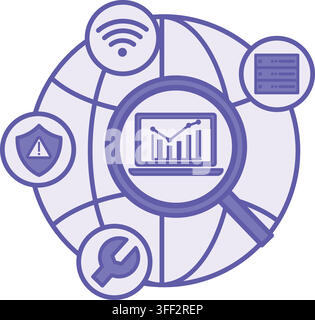 Purple Network Traffic Analysis Icon. Vector Illustration. Globe, Laptop, Magnifying Glass, and Chart. Studying Data to Quickly Spot Hacking and Impro Stock Vector