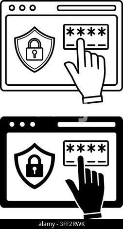 Secure Login and Authorization Icons. Line and Glyph Vector Illustrations. Website, Shield, Lock, and Human Hand. Search for the Correct Combination o Stock Vector