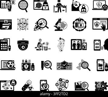 Glyph Digital Forensics and Cyber ​​Detective Icon Set. Vector Illustrations Fingerprint Scanner, Digital Footprint, DNA Analysis, Malware Detection Stock Vector