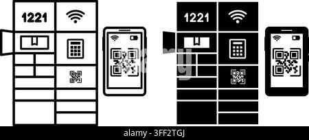 Smart Parcel Locker Icons. Line and Glyph Vector Illustrations. Automated Electronic Cabinet for Safe Receipt and Dispatch of Parcels. Phone with QR C Stock Vector