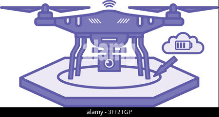 Purple Drone Charging Station Icon. Vector Illustration. Drone Battery Charger. Drone with Camera. Autonomous Logistics and Drone Delivery Concept Stock Vector