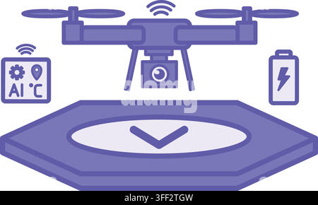 Purple Drone Vertiport Hub Icon. Vector Illustration. Center for Takeoff, Landing, Charging, and Maintenance of Unmanned Aerial Vehicles. Drone with C Stock Vector