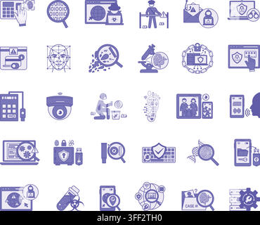 Purple Digital Forensics and Cyber ​​Detective Icon Set. Vector Illustrations Fingerprint Scanner, Digital Footprint, DNA Analysis, Malware Detection, Stock Vector