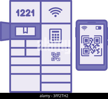Purple Smart Parcel Locker Icon. Vector Illustration. Automated Electronic Cabinet for Safe Receipt and Dispatch of Parcels. Phone with QR Code, Wi-Fi Stock Vector