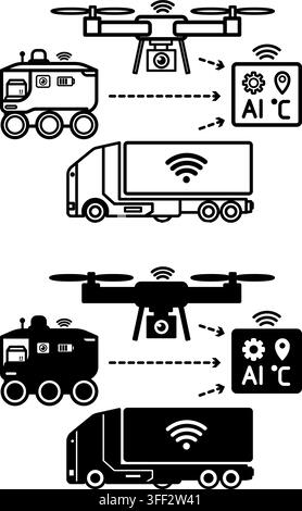 AI Fleet Management Icons. Line and Glyph Vector Illustrations. Drone, Parcel Delivery Robot, Self-Driving Truck, and Monitoring Sensors. Using Smart Stock Vector