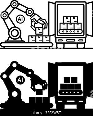 Automated Cargo Loading Icons. Line and Glyph Vector Illustrations. Fast Truck Loading and Unloading Technology with Robots. Robotic Arm and Goods. Au Stock Vector