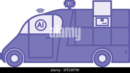 Purple Self-Driving Delivery Van Icon. Vector Illustration. Unmanned Vehicle Delivering Parcels. Artificial Intelligence, Wi-Fi, and Camera. Stock Vector