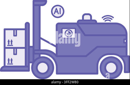Purple Autonomous Forklift Icon. Vector Illustration. Unmanned Warehouse Vehicle That Lifts, Transports, and Places Loads on Its Own. Camera, Wi-Fi, a Stock Vector