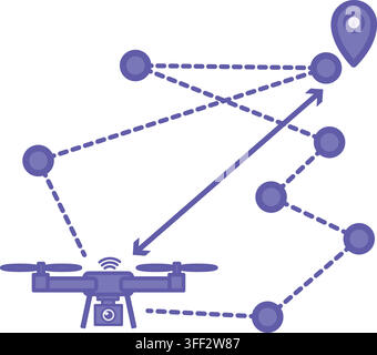 Purple Drone Flight Path Icon. Vector Illustration. The Drone's Path from the Launch Point to the Destination. Autonomous Logistics and Drone Delivery Stock Vector
