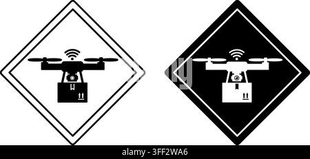 Drone Drop Zone Signs. Line and Glyph Vector Icons. An Area Where an Unmanned Aerial Vehicle Delivers and Unloads Parcels or Mail. Autonomous Logistic Stock Vector