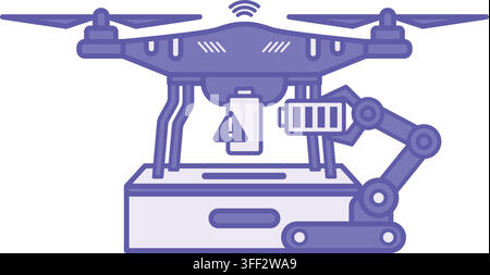 Purple Drone Battery Swap Icon. Vector Illustration. The Process of Replacing a Dead Drone Battery with a Charged One. Robotic Arm and Docking Station Stock Vector