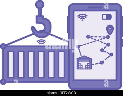 Purple Real Time Cargo Tracking Icon. Vector Illustration. Continuous Online Tracking and Movement of Shipments. Container, Phone, Warehouse, and Dist Stock Vector