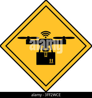 Yellow Drone Drop Zone Sign. Vector Icon. An Area Where an Unmanned Aerial Vehicle Delivers and Unloads Parcels or Mail. Autonomous Logistics Concept Stock Vector