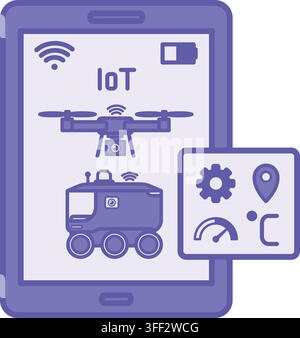 Purple Remote Control Dashboard Icon. Vector Illustration. Interface for Controlling Robots, Drones, and Autonomous Transport. Mobile Phone, Gear, Geo Stock Vector