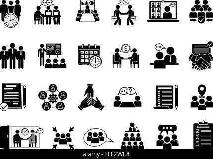 Black Meeting Icon Set. Vector Icons Seminar, Schedule, Presentation, Interview, Collaboration, Team, Online Meeting, Consultation, Discussion Stock Vector