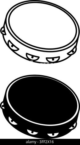 Tambourine Icons. Black and White Vector Icons. Percussion Musical Instrument, Drum. Brazilian Carnival Concept Stock Vector