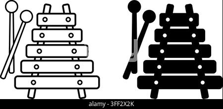 Xylophone Icons. Black and White Vector Icons. Percussion Musical Instrument. Sticks with Ball-Shaped Tips. Brazilian Carnival Concept Stock Vector
