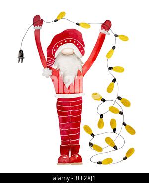 Watercolor gnome in red clothing lifts a string of glowing yellow light bulbs for the holidays Stock Photo