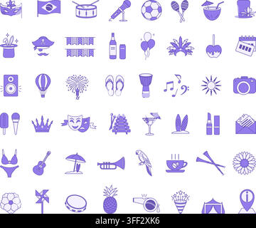 Colored Brazil Carnival Icon Set. Vector Icons Mask, Brazil Flag, Drum, Microphone, Soccer Ball, Maracas, Coconut Cocktail, Carnival Hat, Cachaça Stock Vector