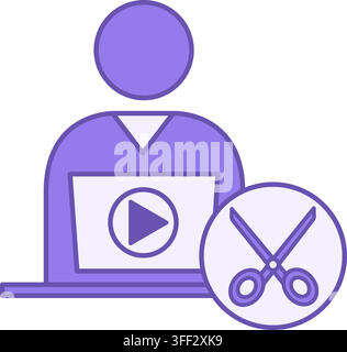 Colored Editor Icon. Vector Icon. Man Sitting at Laptop Working with Text. Content Correction. Scissors and Player Button. Journalism Concept Stock Vector