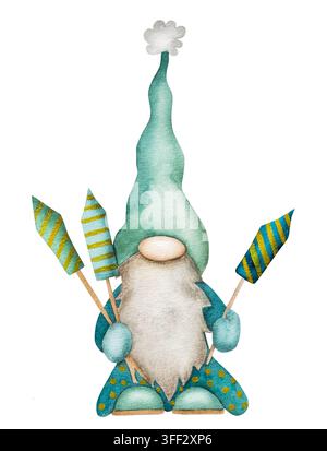 Small gnome with beard wearing tall teal hat and holding striped fireworks for Independence Day Stock Photo