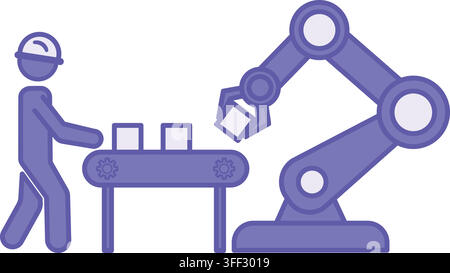 Colored Industrial Icon. Vector Illustration. Man and Robot Working on Production. Engineering Concept Stock Vector