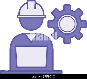 Colored Engineer Icon. Vector Illustration. Man in Helmet and Laptop, Gear. Specialist Engaged in Engineering. Production, Construction. Engineering C Stock Vector