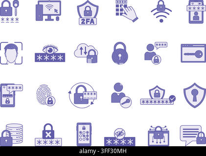 Colored Password Icon Set. Vector Illustrations Encryption, User, Access, Computer, Phone, Two-Factor Authentication, Change Password, Security Stock Vector