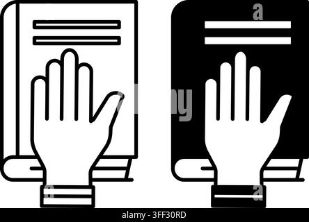 Taking Oath Icons. Black and White Vector Illustrations. Hand on the Book of Laws. Solemn Promise of Lawyer to Perform His Professional Duties in Fait Stock Vector