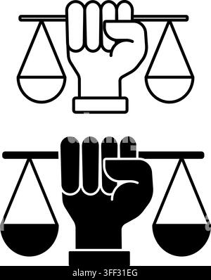 Human Rights Icons. Black And White Vector Illustrations. Human Hand Holding Scales Of Justice. Right To Legal Protection Of All People. Justice Conce Stock Vector