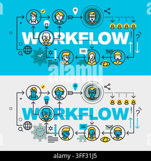 Vector banner illustration set of workflow featuring process management icons, team collaboration symbols, business steps, and project organization. Stock Vector