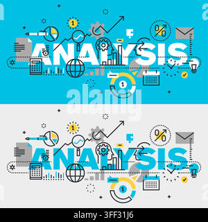 Vector banner illustration set of analysis featuring financial data charts icons, market research symbols, calculator, and statistics concepts. Stock Vector