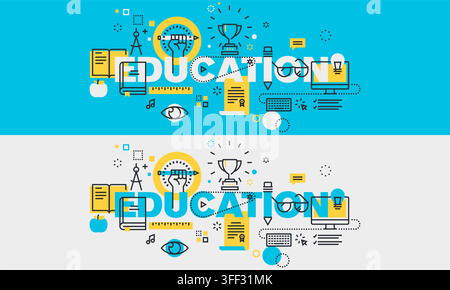 Vector banner illustration set of education featuring learning symbols, school icons, graduation trophy, books, and study knowledge concepts. Stock Vector