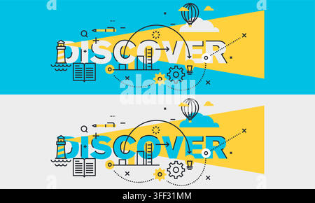 Vector banner illustration set of discover featuring travel icons, lighthouse symbols, hot air balloon, and adventure exploration concepts. Stock Vector